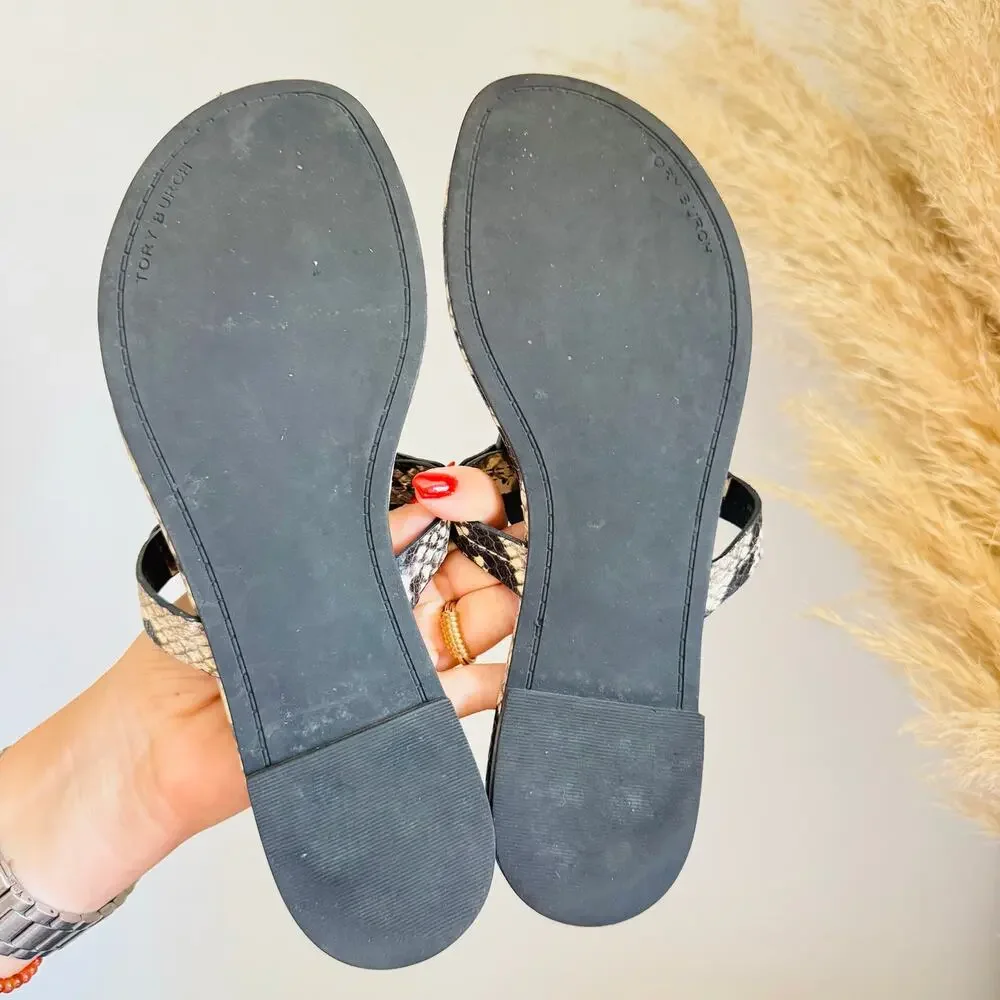 TORY BURCH Beige Black Roccia Snakeskin Leather Miller $258 Slides Sandals 7.5